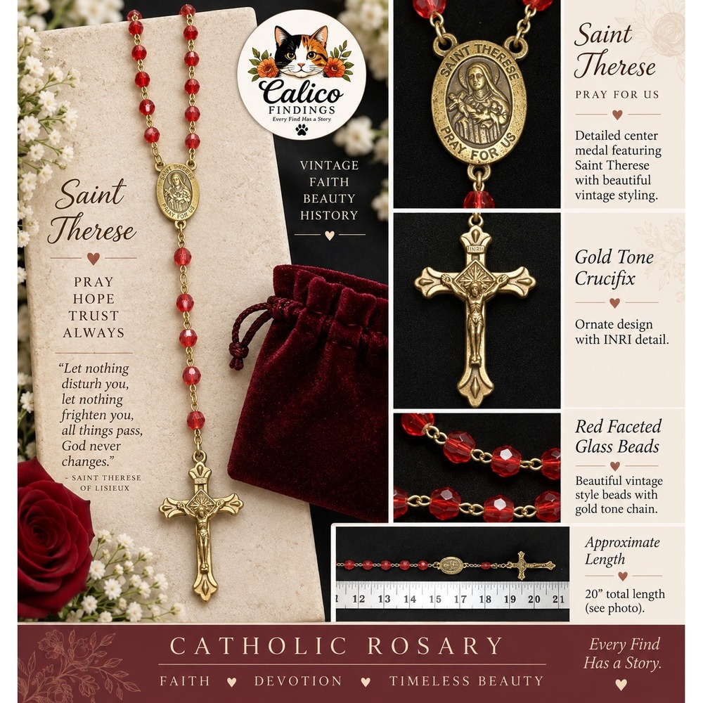 Saint Therese Red Faceted Glass Bead Rosary Gold Tone Crucifix with Pouch